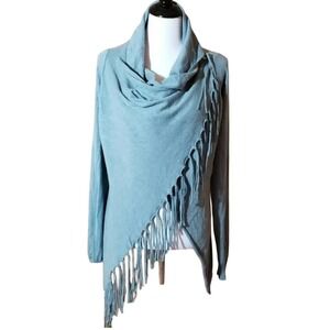 Filly Flair Fringe Asymmetrical Cowl Neck Sweater M/L‎ Dusty Blue Boho Knit